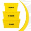 Three stacked Banana Box sustainable moving boxes in various sizes: Small, Medium, Large