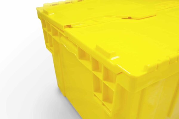 A close up view of the hinged lid of a Banana Box, the revolutionary reusable moving box available for rent in Minneapolis, Minnesota.