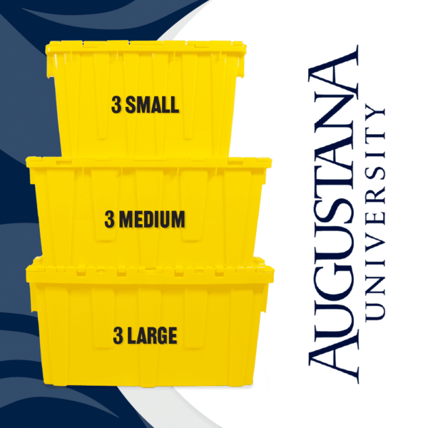 Three stacked Banana Box sustainable moving boxes with Augustana University Logo.