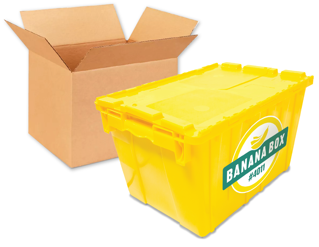 an opened cardboard box and a closed Banana Box
