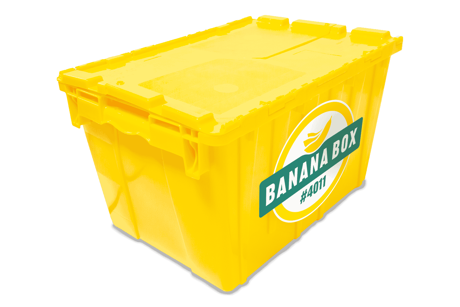 A branded yellow Banana Box plastic moving container